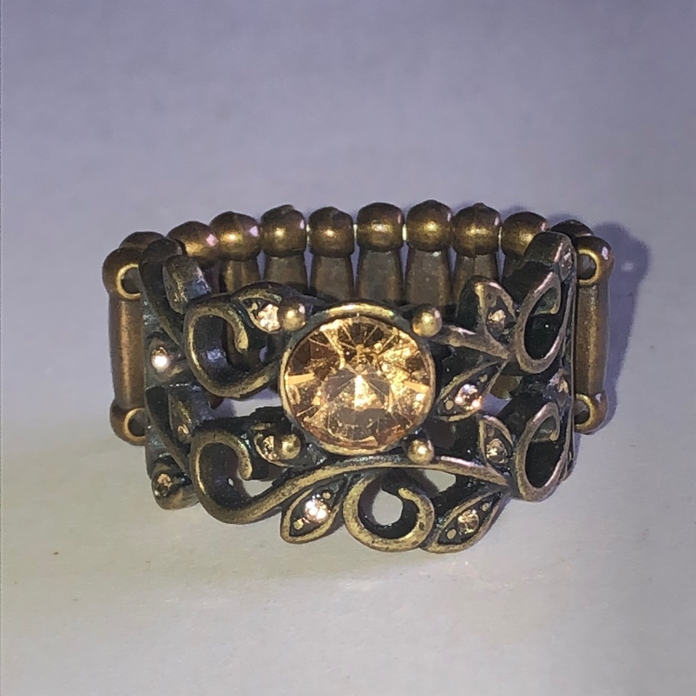 Antique Gold Tone Brass Tone Floral Filigree Stretch Ring with Amber Rhinestone